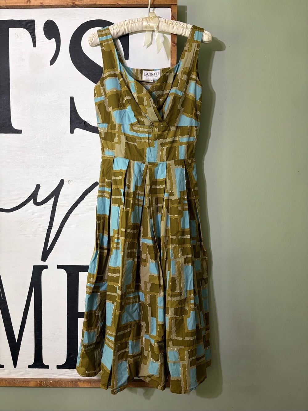 Anthro Lazy Bones Olive & Sky Blue Patterned Sleeveless Dress